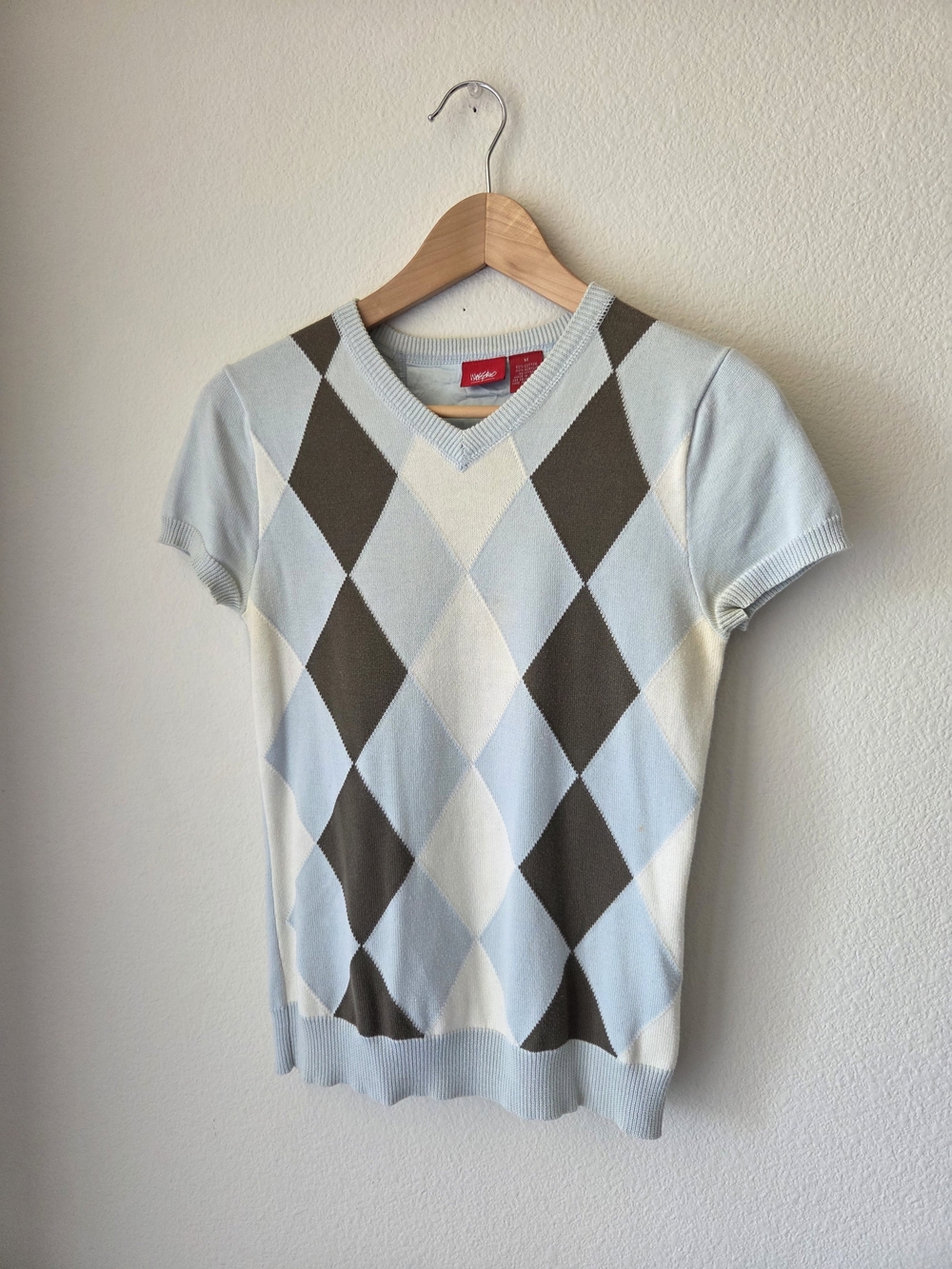 Mossimo Supply Co. Vintage Made in Japan V-Neck Argyle Sweater Light Blue Cream